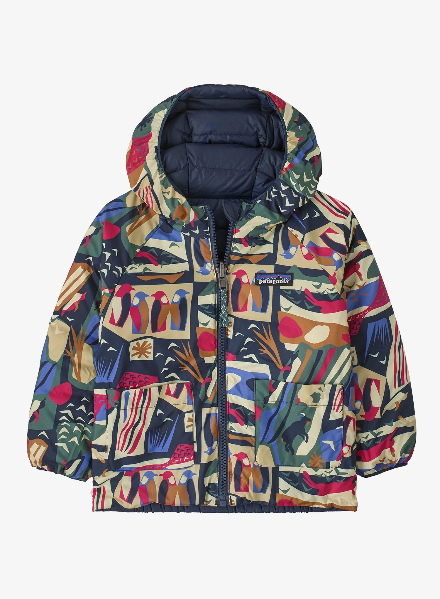 Vaikiška striukė Patagonia Baby Reversible Down Sweater Hoody - lets chat/new navy