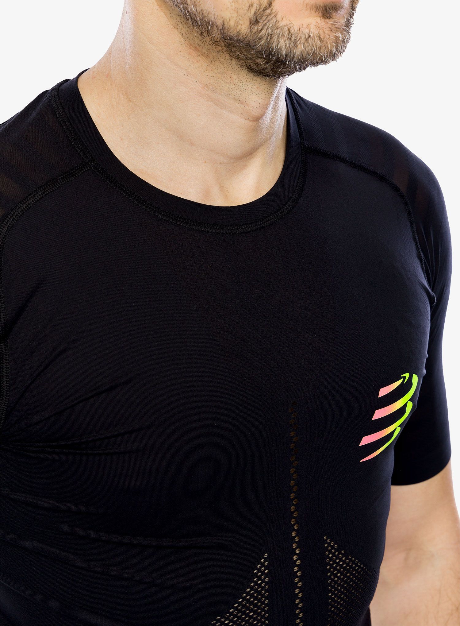 Bėgimo marškinėliai Compressport Racing SS T-Shirt - black/safe yellow