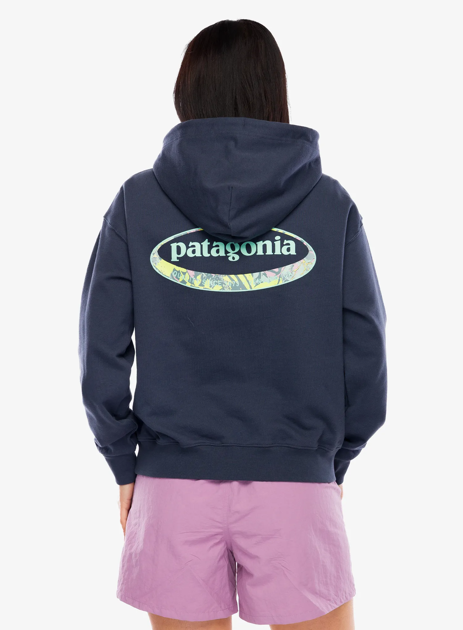 Džemperis su gobtuvu moteriškas Patagonia 95 Oval Logo Daily Hoody - smolder blue: moon tripper