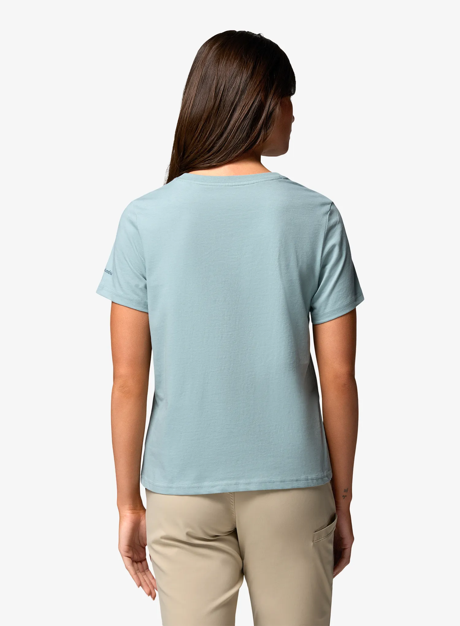 Medvilniniai marškinėliai moterims Columbia Rolling Bend Graphic S/S - crushed blue/stacked gem mini