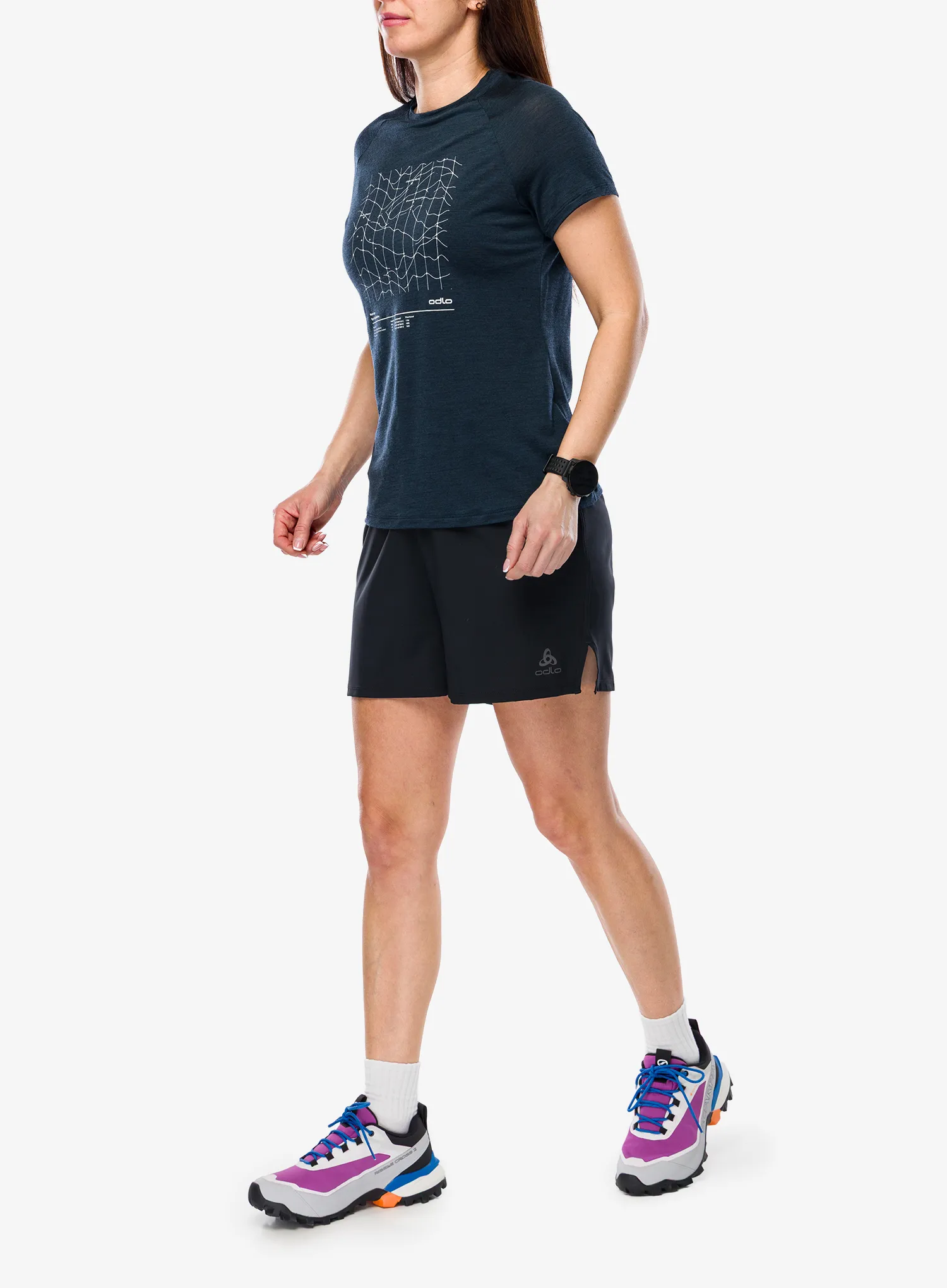 Merino vilnos marškinėliai moterims Odlo Merino Tencel Hyper Map Crew Neck S/S - dark sapphire melange