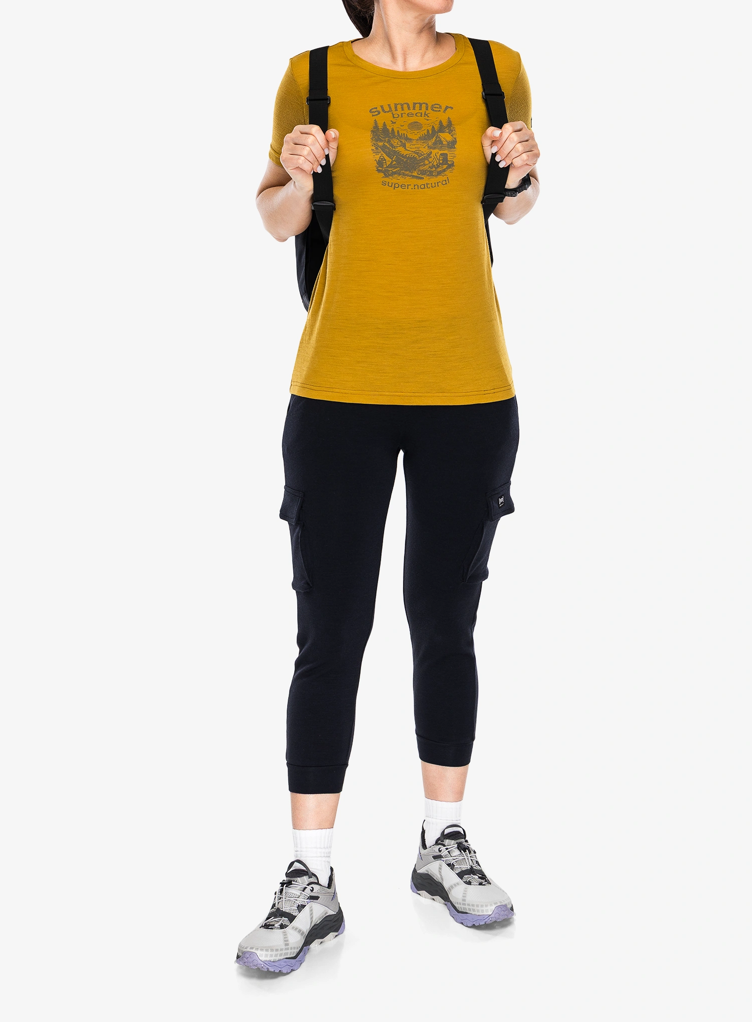 Merino vilnos marškinėliai moterims Super.natural Summer Break Tee - dried tobacco/c.mere grey mel
