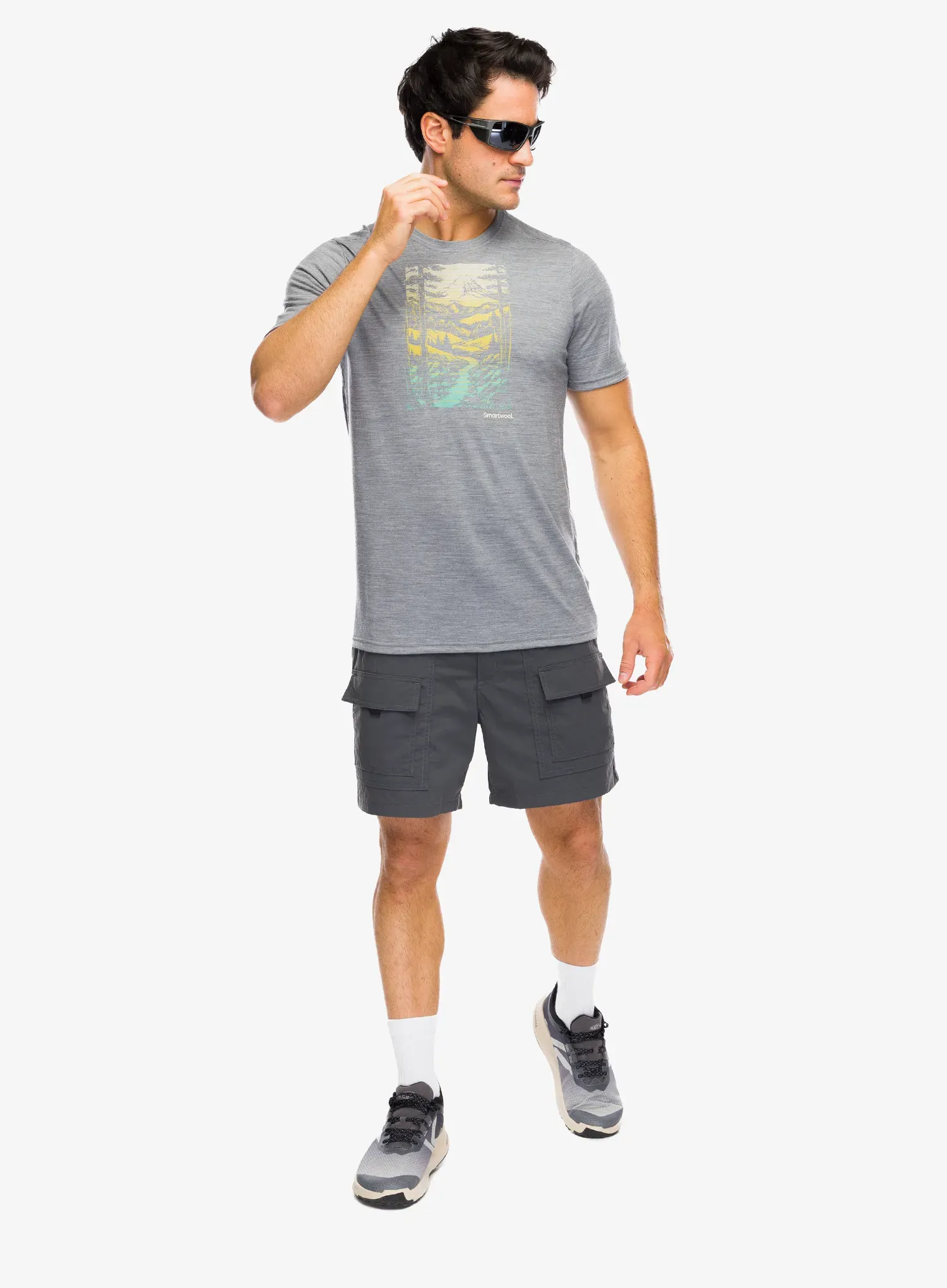 Merino vilnos marškinėliai Smartwool Winding Trail Active Short Sleeve Graphic Tee - light gray heather