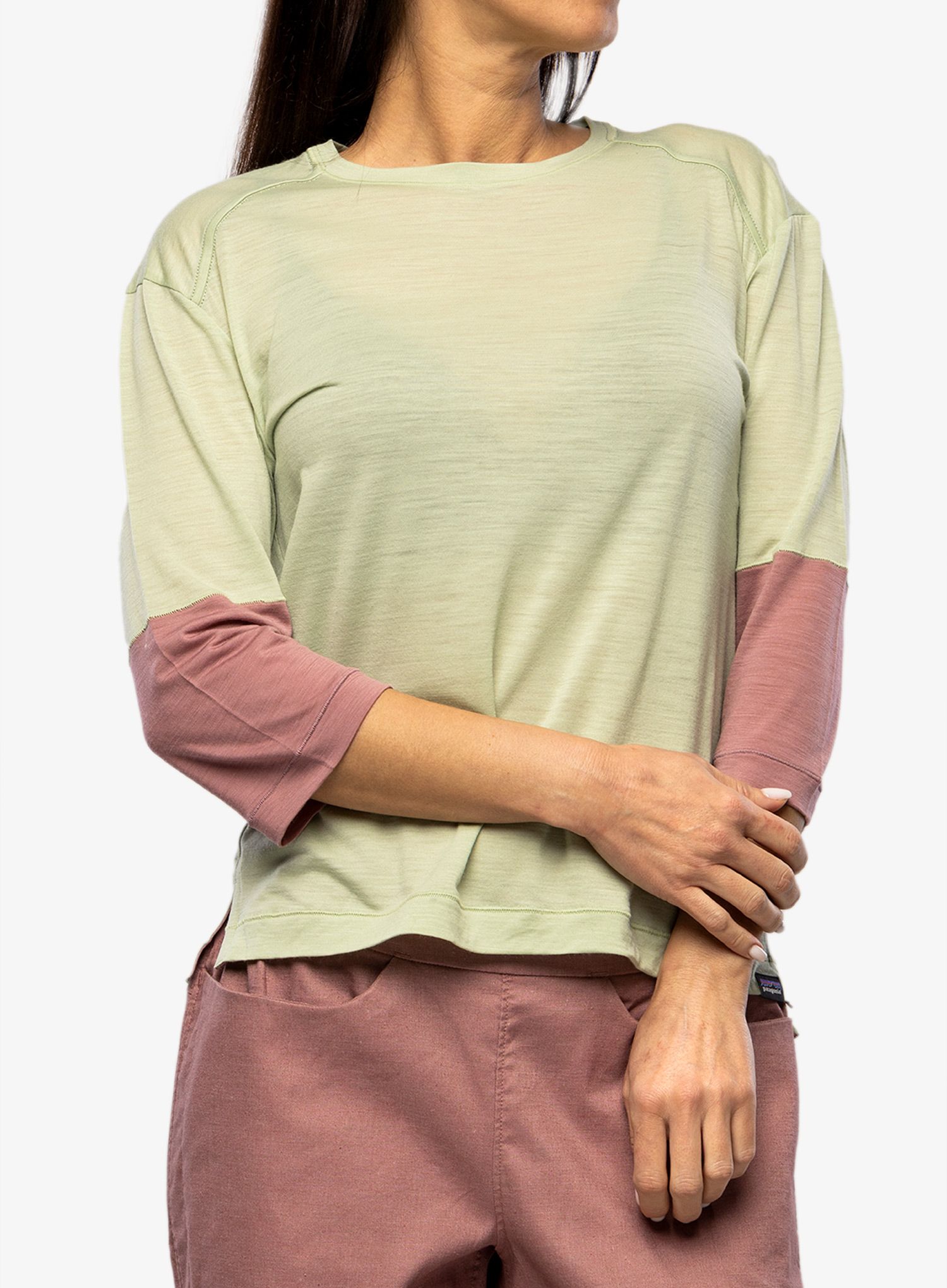 Moteriški dviratininko marškinėliai Patagonia Merino 3/4 Sleeve Bike Jersey - salvia green