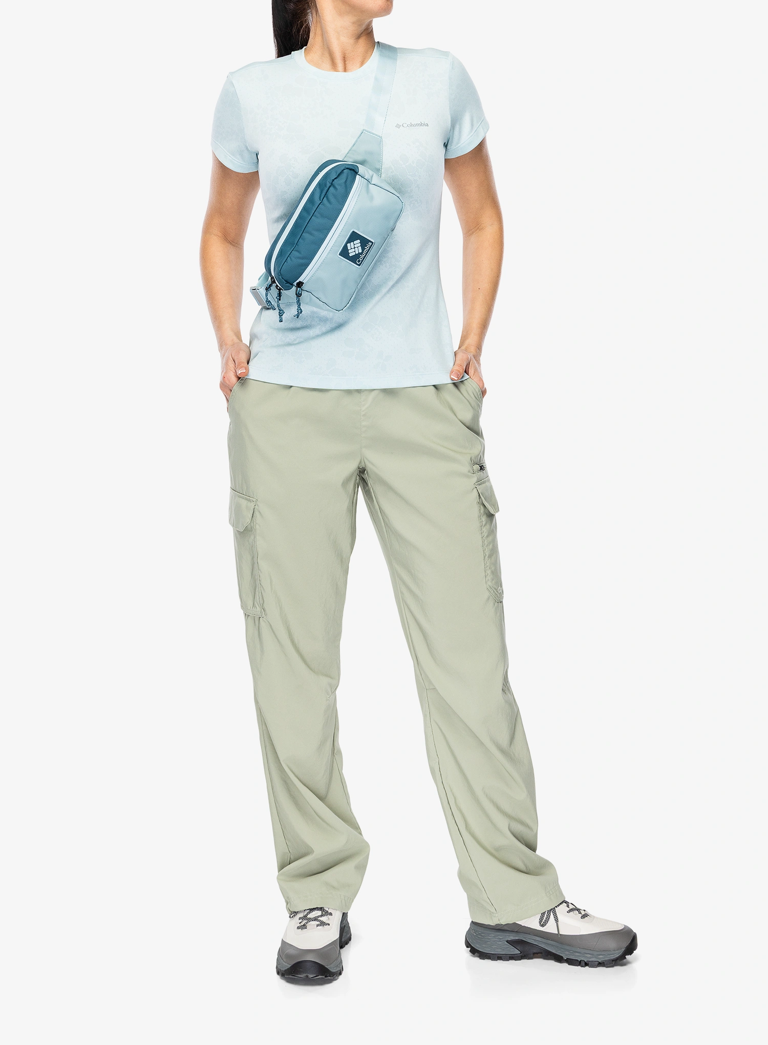 Moteriški greitai džiūstantys marškinėliai Columbia Bluebird Canyon II S/S Crew - marine light/florage jacquard