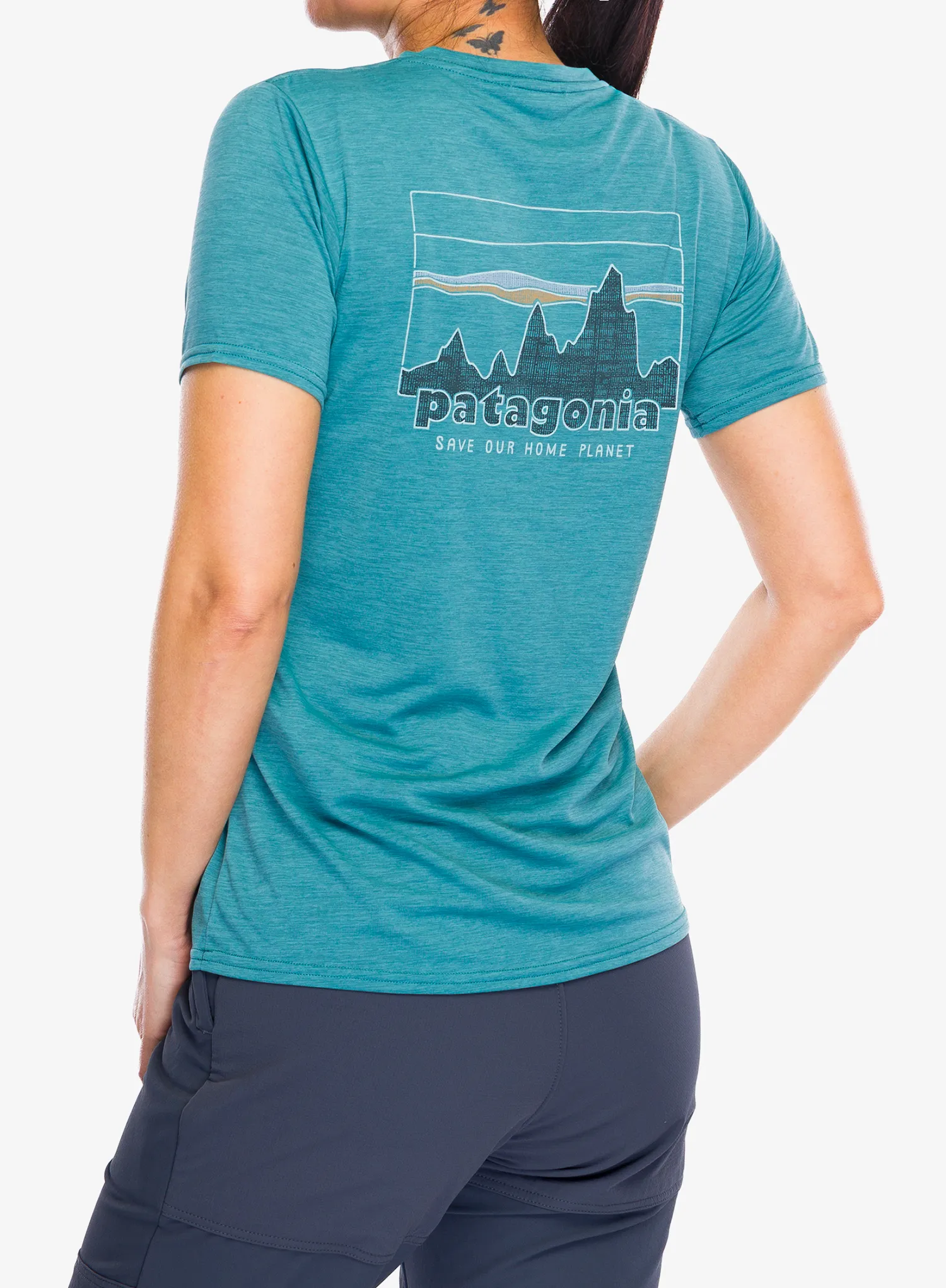 Moteriški greitai džiūstantys marškinėliai Patagonia Cap Cool Daily Graphic Shirt - 73 skyline/wetland blue x-dye
