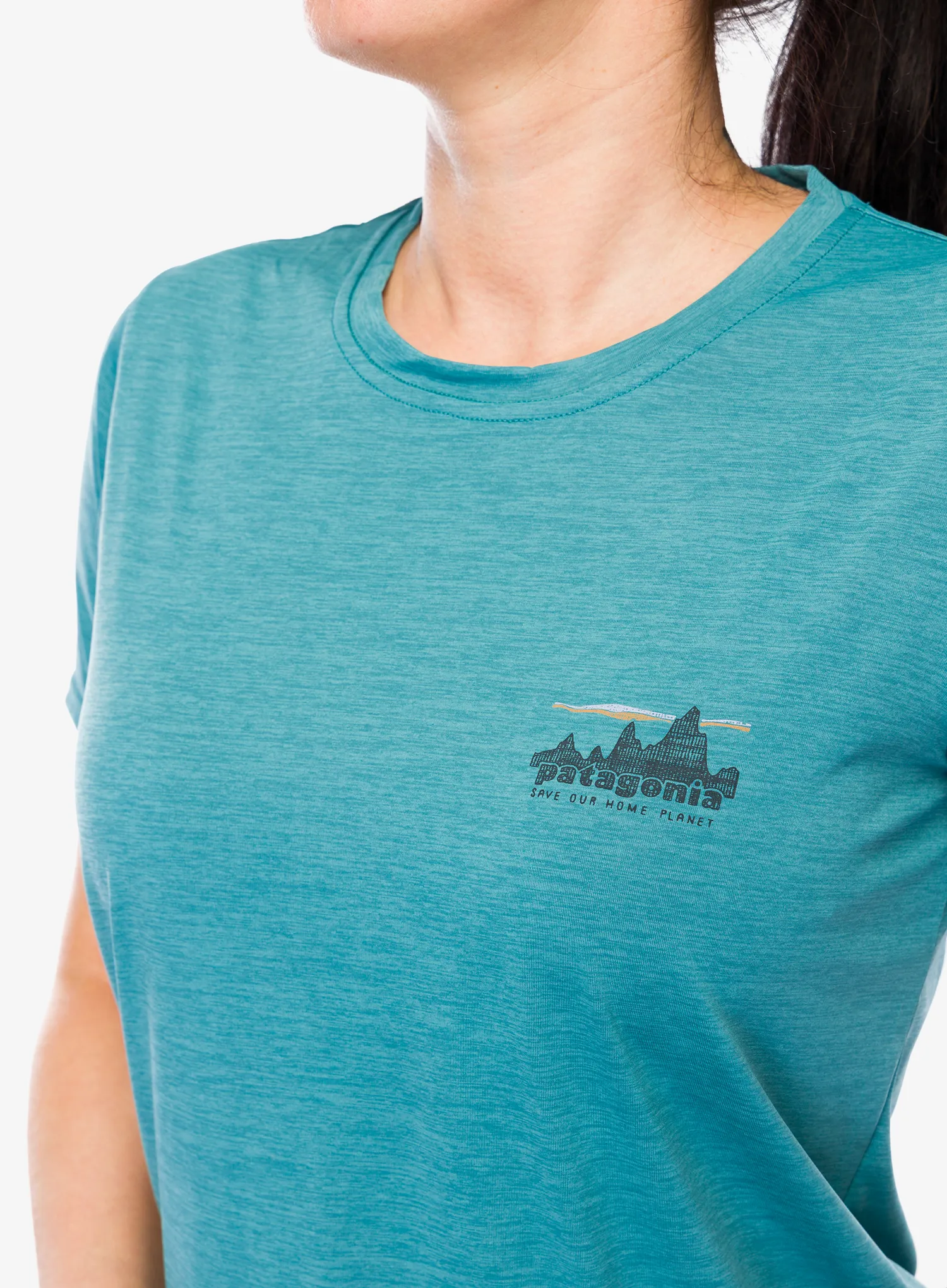 Moteriški greitai džiūstantys marškinėliai Patagonia Cap Cool Daily Graphic Shirt - 73 skyline/wetland blue x-dye