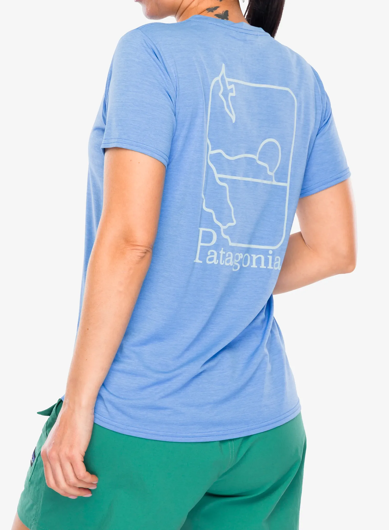 Moteriški greitai džiūstantys marškinėliai Patagonia Cap Cool Daily Graphic Shirt Waters - swelldrifter/abundant blue