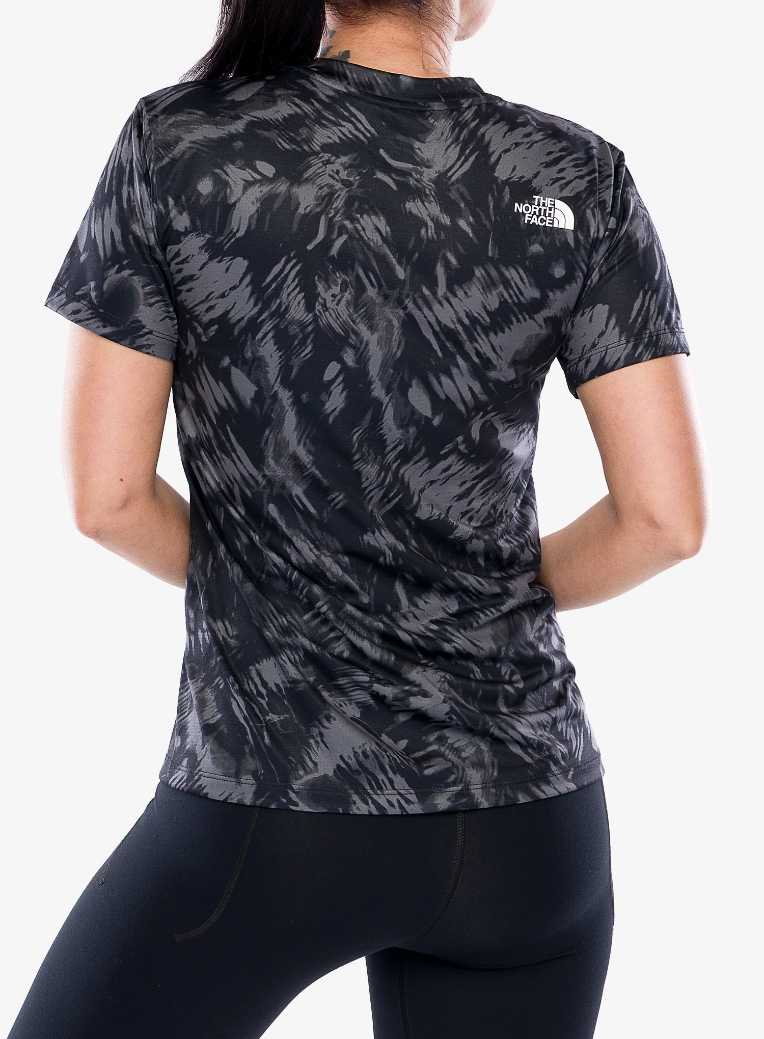 Moteriški greitai džiūstantys marškinėliai The North Face Flex S/S Tee Reg Aop - tnf black waterfall prizm