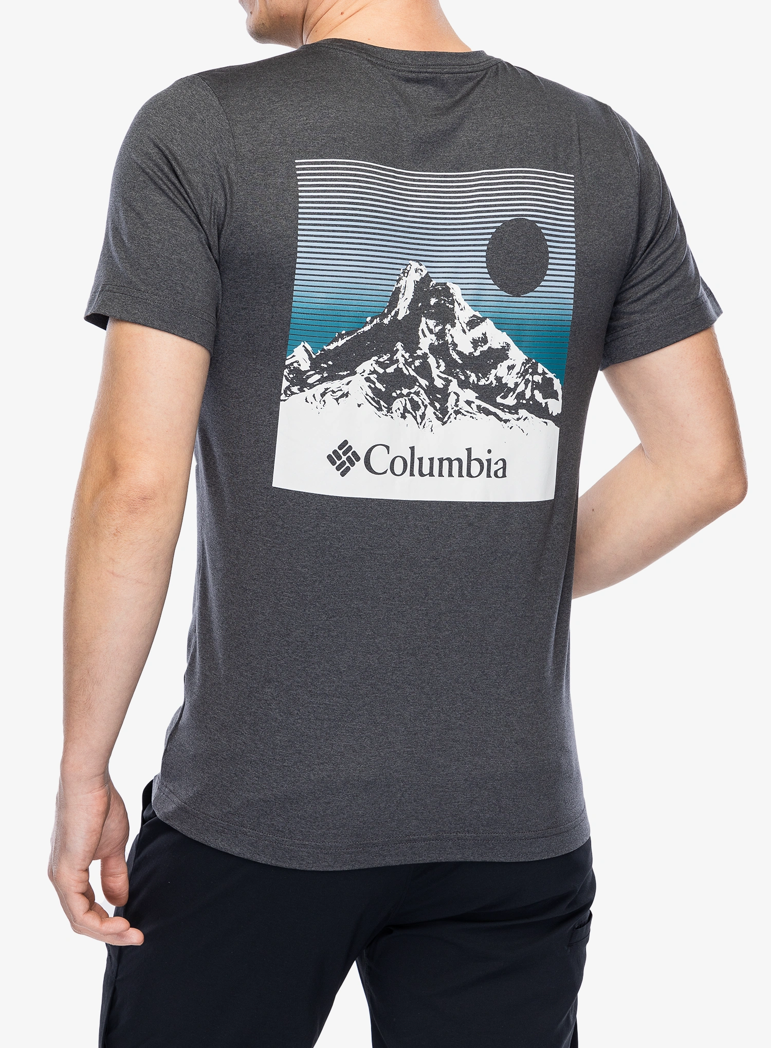 Spauda ant marškinėlių Columbia Kwick Hike Back Graphic S/S Tee - blk heather/linear view multi
