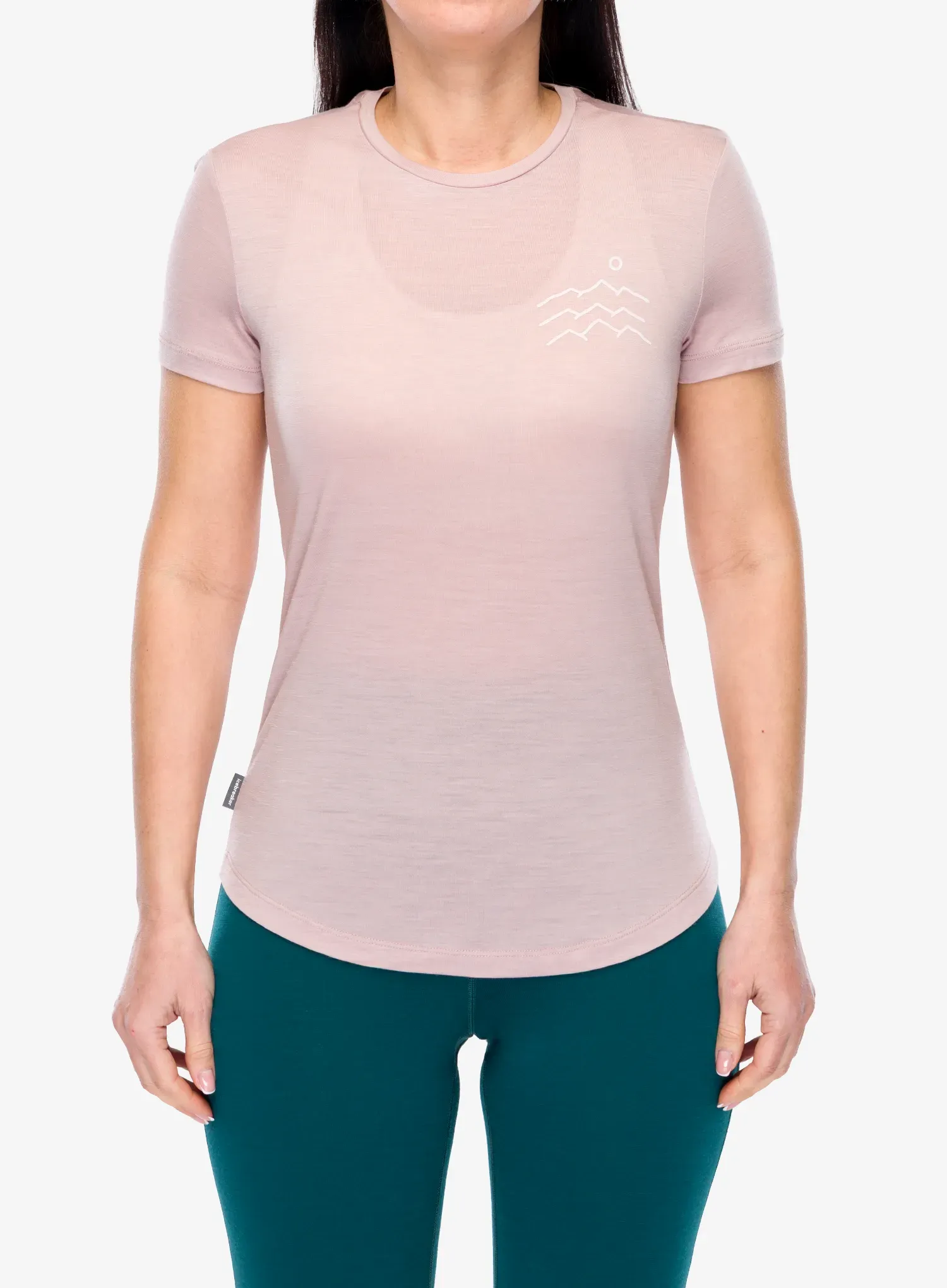 Moteriški marškinėliai su spaudiniu Icebreaker Merino 125 Cool-Lite Sphere SS Tee Across The Peaks - pink quartz