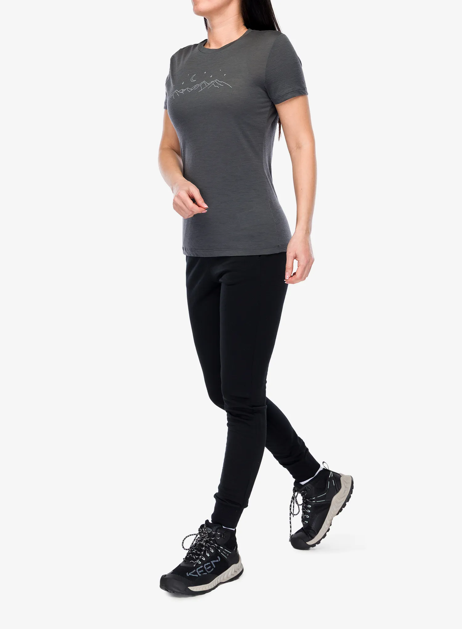 Moteriški marškinėliai su spaudiniu Icebreaker Merino 150 Tech Lite SS Tee Sparkling Stars - obsidian