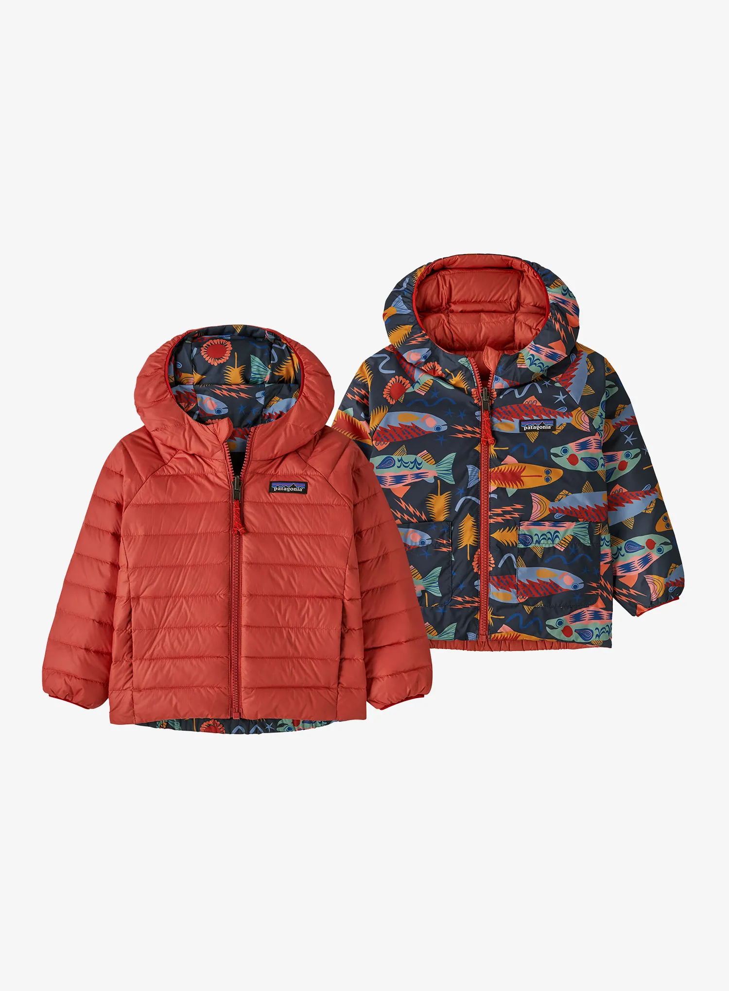 Vaikiška striukė Patagonia Baby Reversible Down Sweater Hoody - salmon energy/ink black
