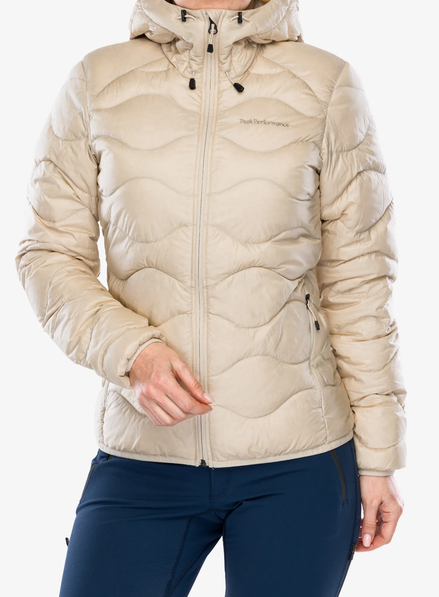 Pūkinė striukė moterims Peak Performance Helium Down Hood Jacket - sand fog