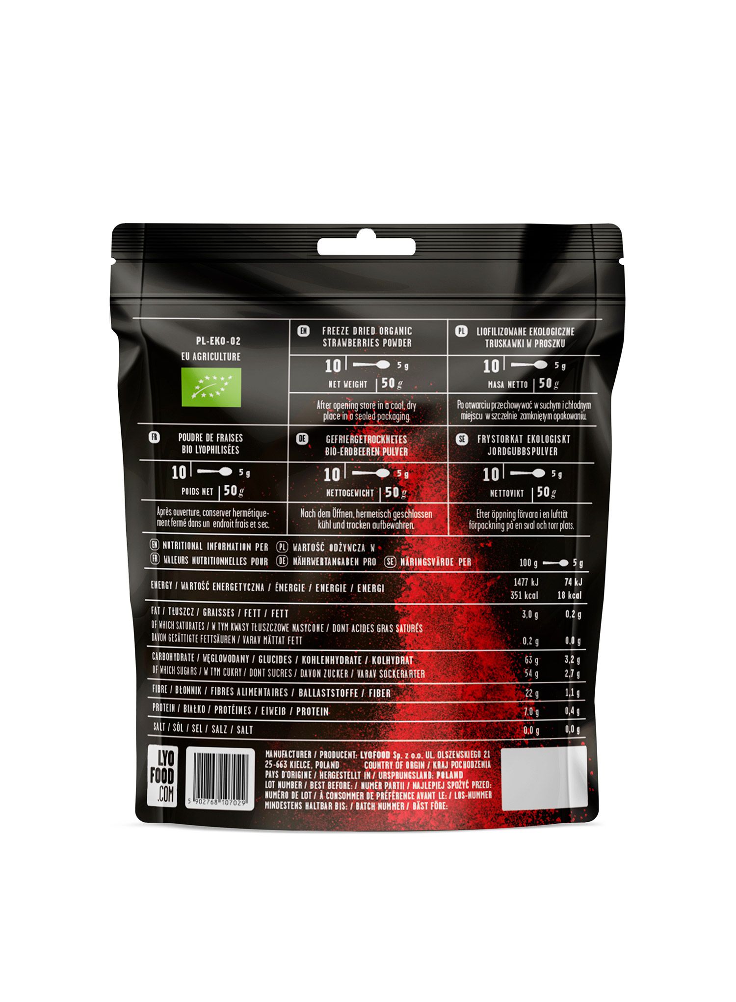 Liofilizatas LYOFOOD Ekologiški braškių milteliai 50 g