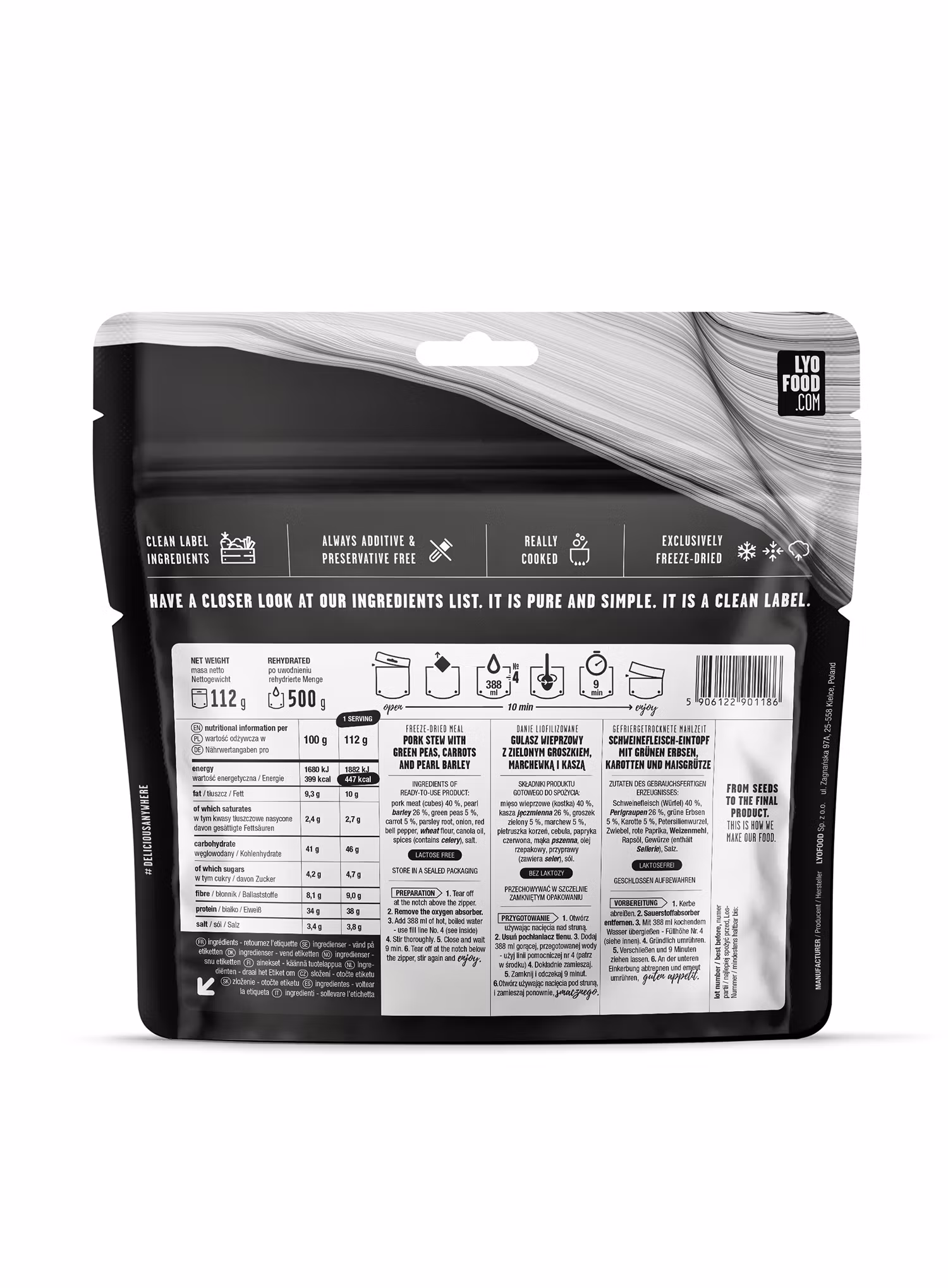 Liofilizuotas patiekalas LYOFOOD Kiaulienos guliašas su kruopomis 500g
