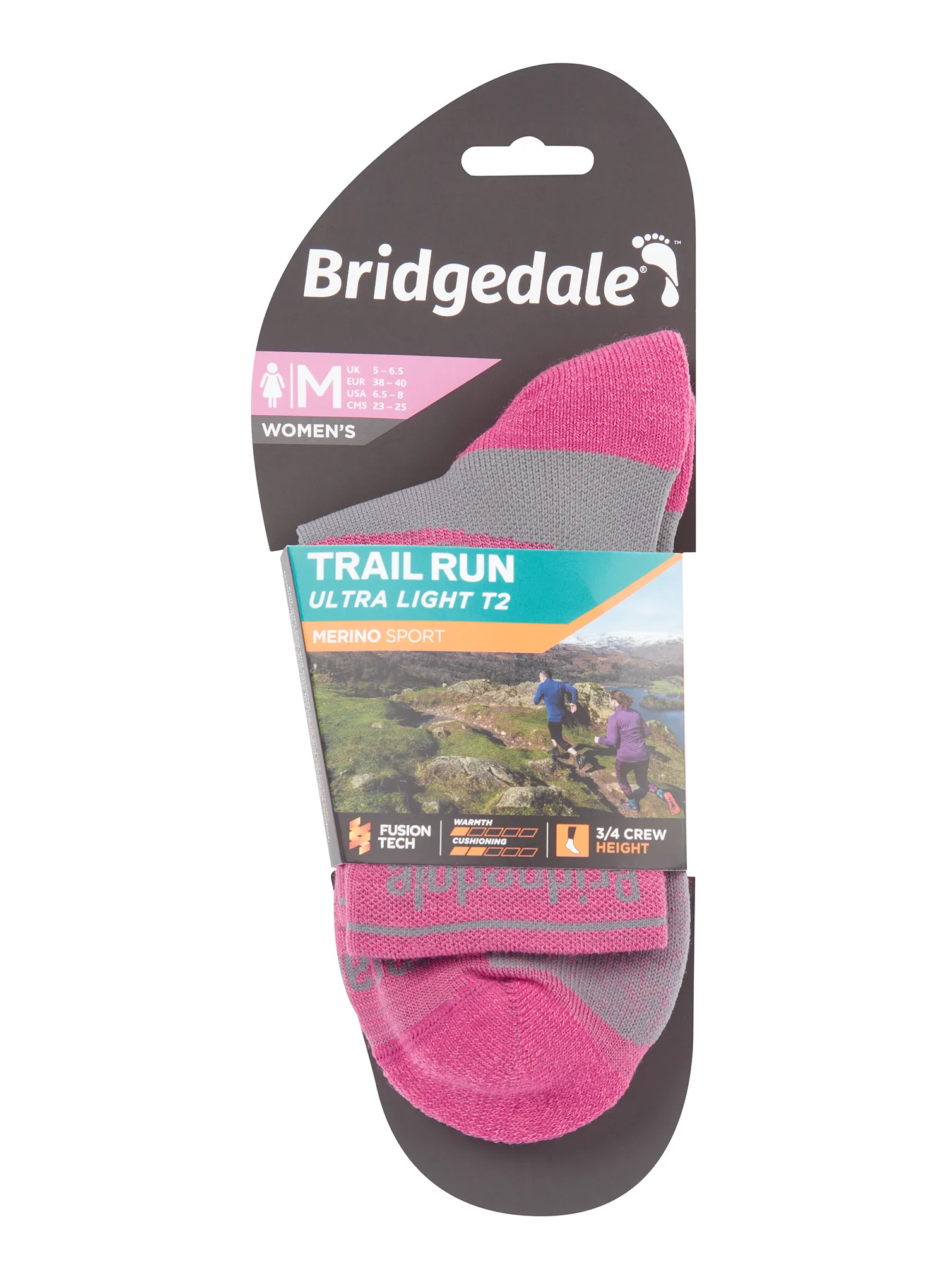 Bėgimo kojinės moteriškos Bridgedale Ultralight T2 Merino Sport 3/4 Crew - pink
